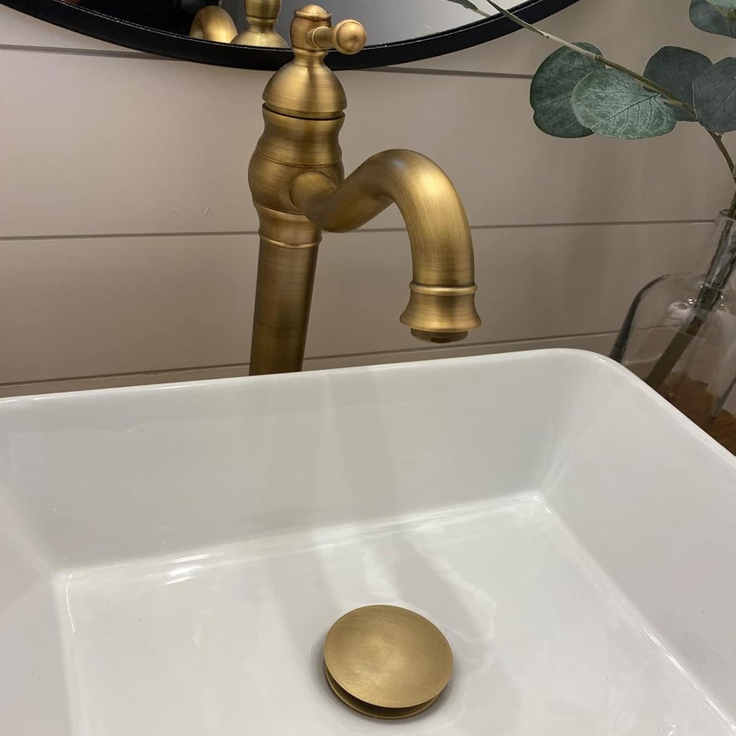 Bathroom Vessel Faucet Antique Brass 360° Swivel Bowl Sink Faucet Single Hole 1 Handle Matching Pop Up Drain Stopper Without Overflow Tall Lavatory Vanity Basin Mixer Tap Deck Mount