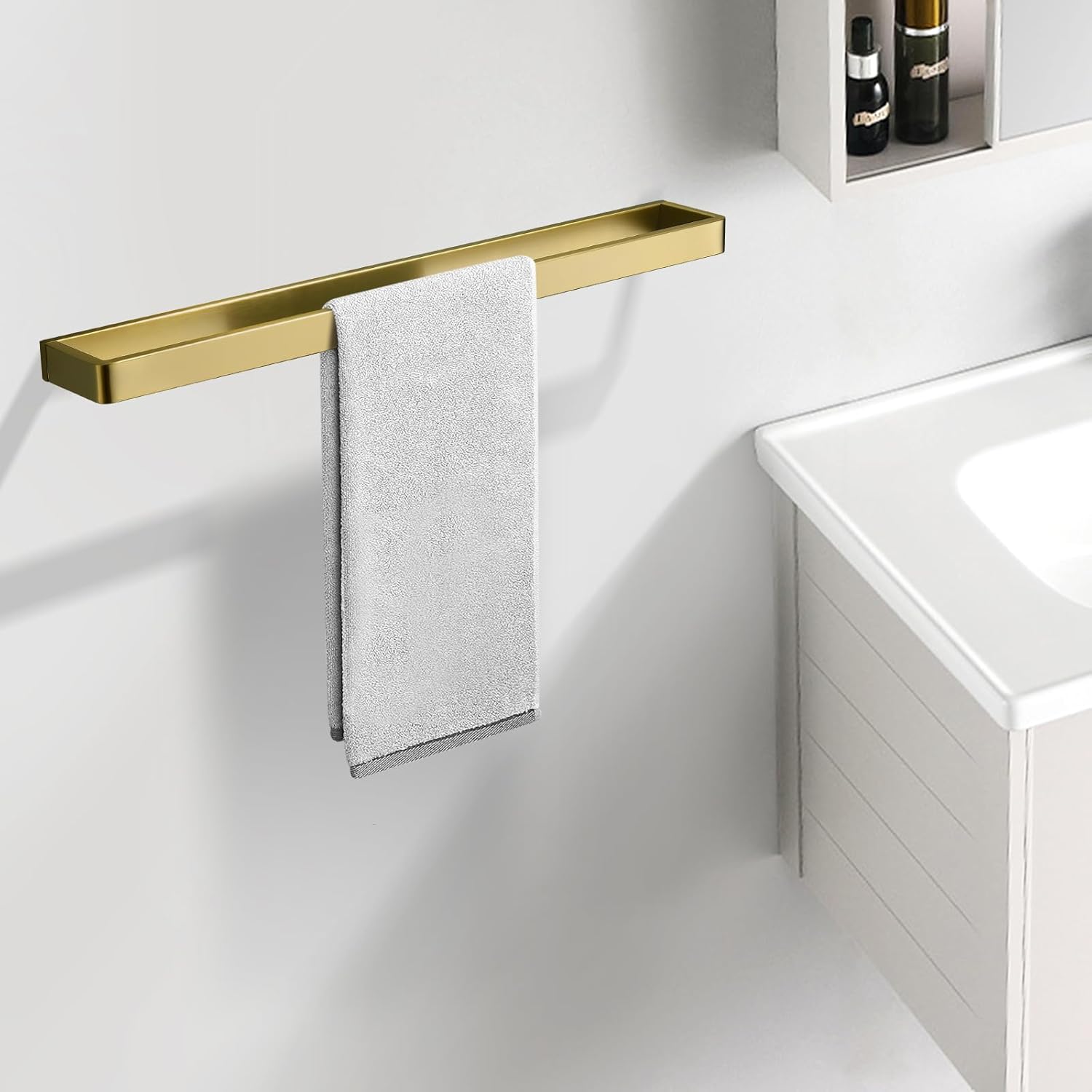 Bathroom Towel Bar Brushed Gold, 23.6 Inch 304 Stainless Steel Bath Accessories Towel Rack Hanger, Bathroom Kitchen Square Hand Towel Holder Wall Mounted