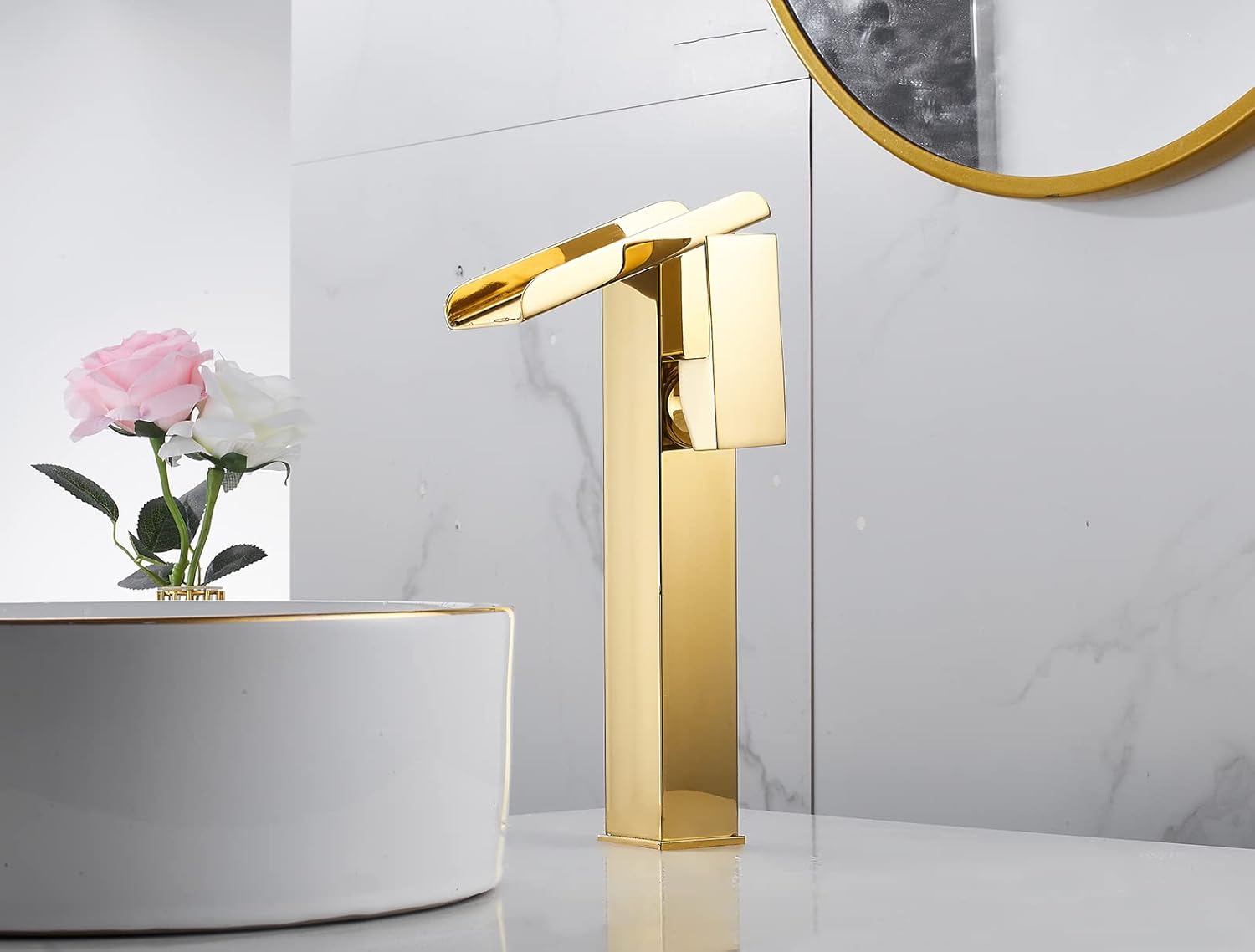 Bathroom Vessel Faucet Gold Waterfall Open Spout Basin Faucet Led Color Changing by Temperature for Bowl Sink with 1Hole Right Handle Without Overflow Pop Up Drain Stopper Supply Hoses Lavatory Basin