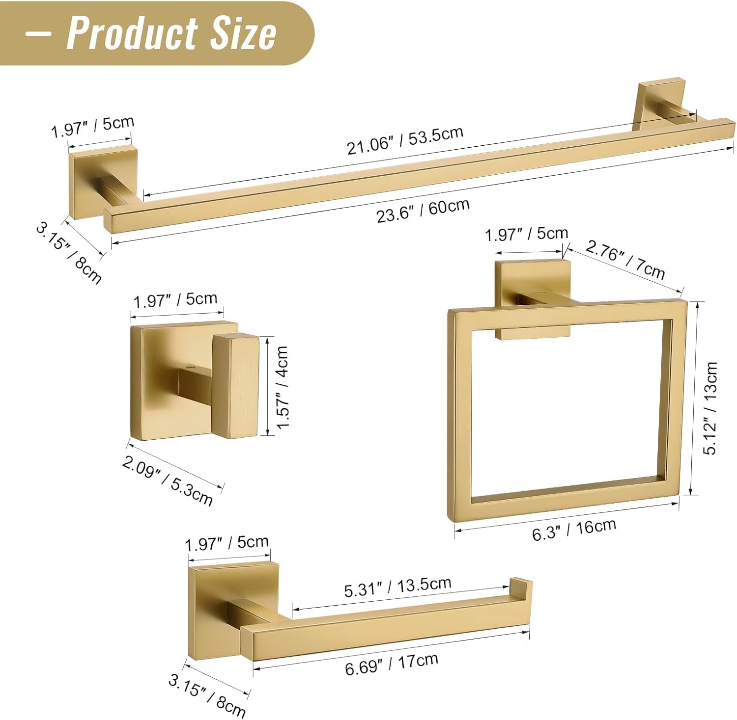 Towel Bar Set, 5-Piece Brushed Gold Bathroom Hardware Set, Gold Bathroom Accessories Set, SUS304 Stainless Steel 23.6 Inch Towel Holder Towel Racks Set Wall Mounted