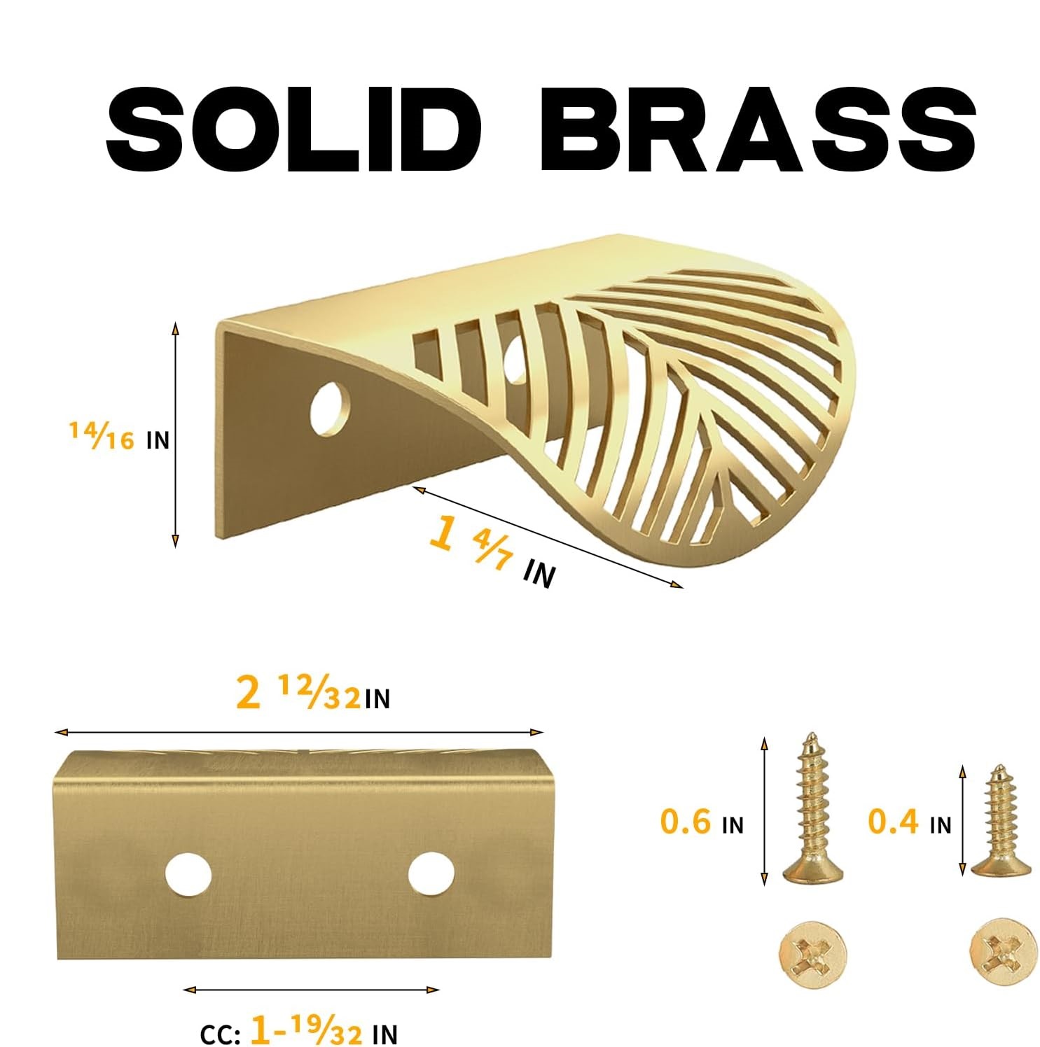 Solid Brass Edge Pulls for Cabinets Brushed Gold Leaf Knobs and Pulls for Dresser Drawers (2, Overall Length:2-3/8"(60mm))