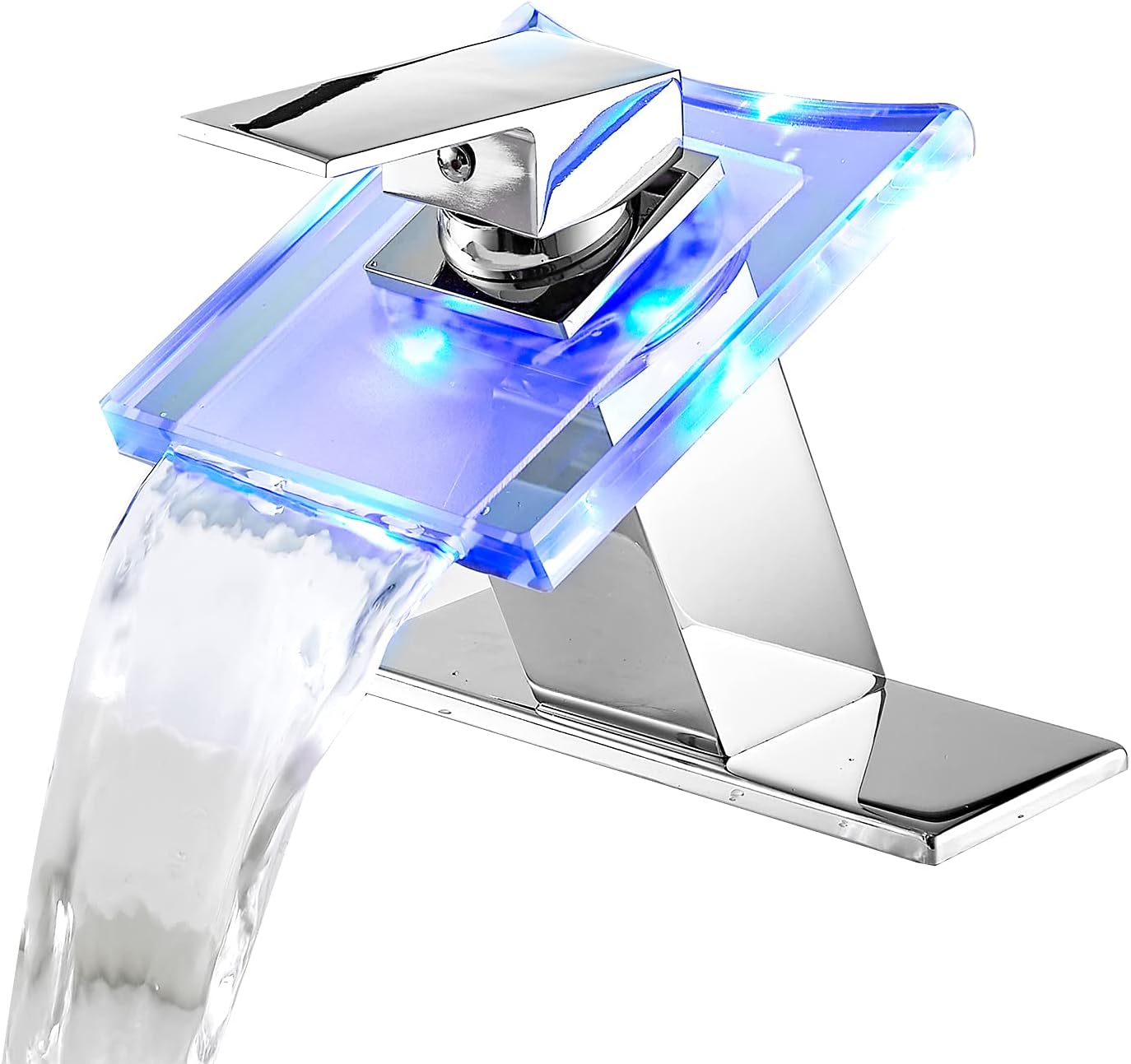 Bathroom Sink Faucet Waterfall Glass Spout LED Light 3 Colors Changing Hot and Cold Water Mixer Single Handle One Hole Deck Mounted Bathroom Faucet Lavatory Vanity Basin Tap Chrome