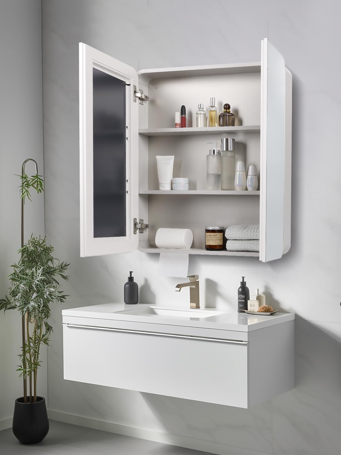 23.5" x 27.5" Medicine Cabinets for Bathroom with Mirror Surface Wall-Mounted Stainless Steel Framed Beveled Mirror, Double Door Metal Bathroom Vanity Mirror