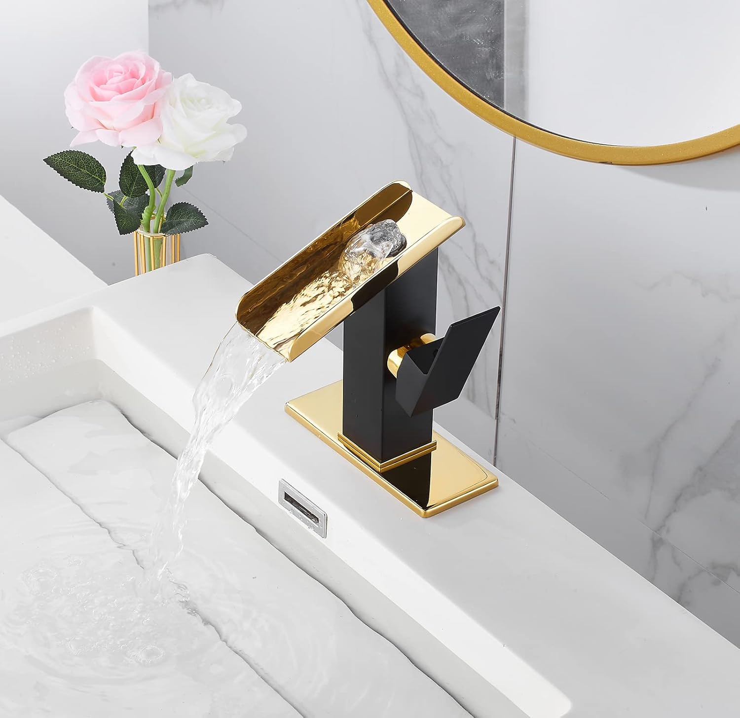 Bathroom Faucet Black Waterfall Gold Spout Single Handle for Sink 1-3 Hole 4 inch Deck Plate Pop Up Drain Stopper Overflow Lavatory Vanity Basin Tap Supply Lines Farmhouse Luxury Bath Faucets Brass