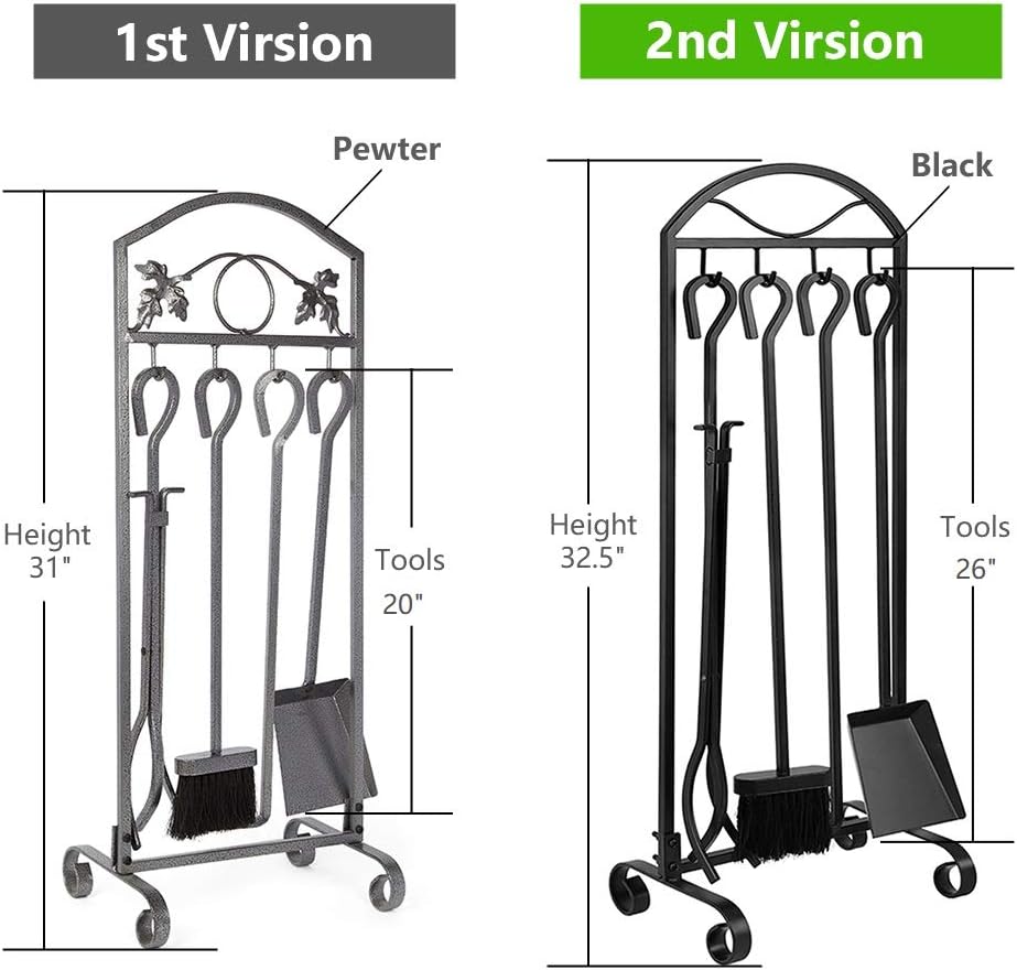 5 Pieces Fireplace Tools Set Wrought Iron Holder Black Fireset Pit Stand Fire Place Log Tongs Tools Kit
