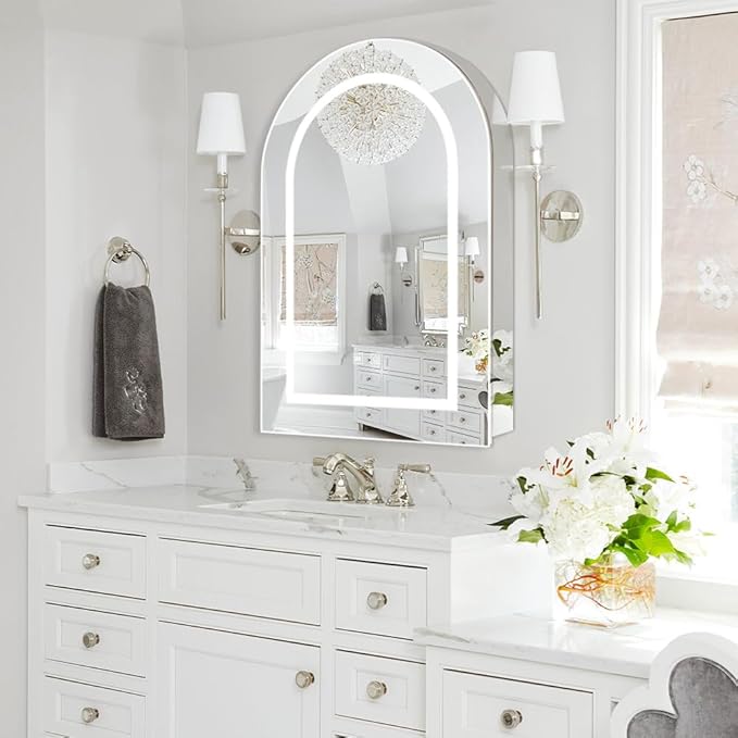 Arched Medicine Cabinet Mirror, 20''x30'' Lighted Medicine Cabinet with LED Lights, Defogger and 3 Color Modes, Dimmable Stainless Steel Cabinet for Bathroom