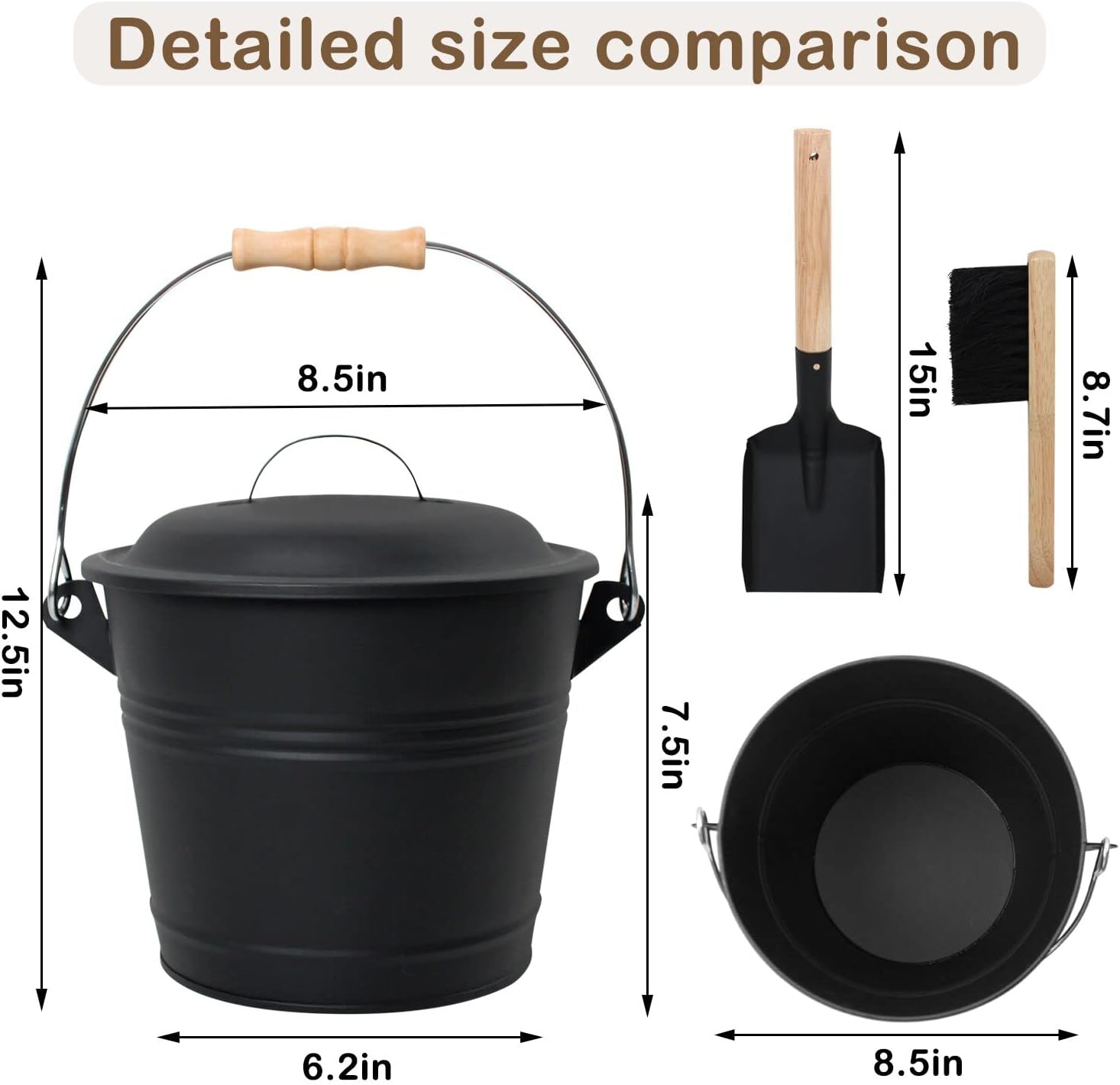 Ash Bucket with Lid and Shovel, 1.3 Gallon Fireplace Bucket for Ashes, Includes Hand Broom and Gloves for Fire Pit