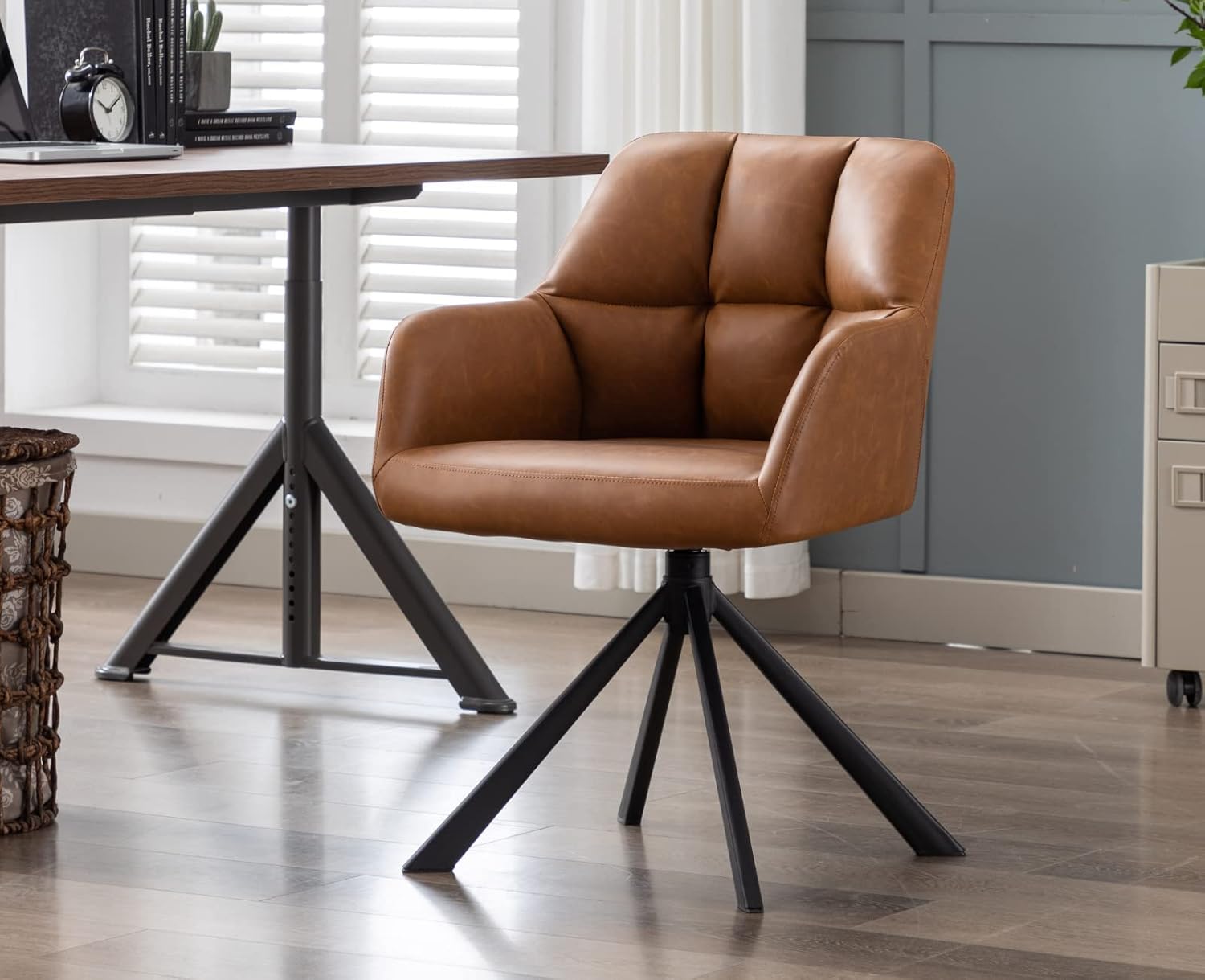 Comfy Leather Desk Chair Modern Computer Task Chair no Wheels Swivel Accent Chair with Mid Back Arm Chair