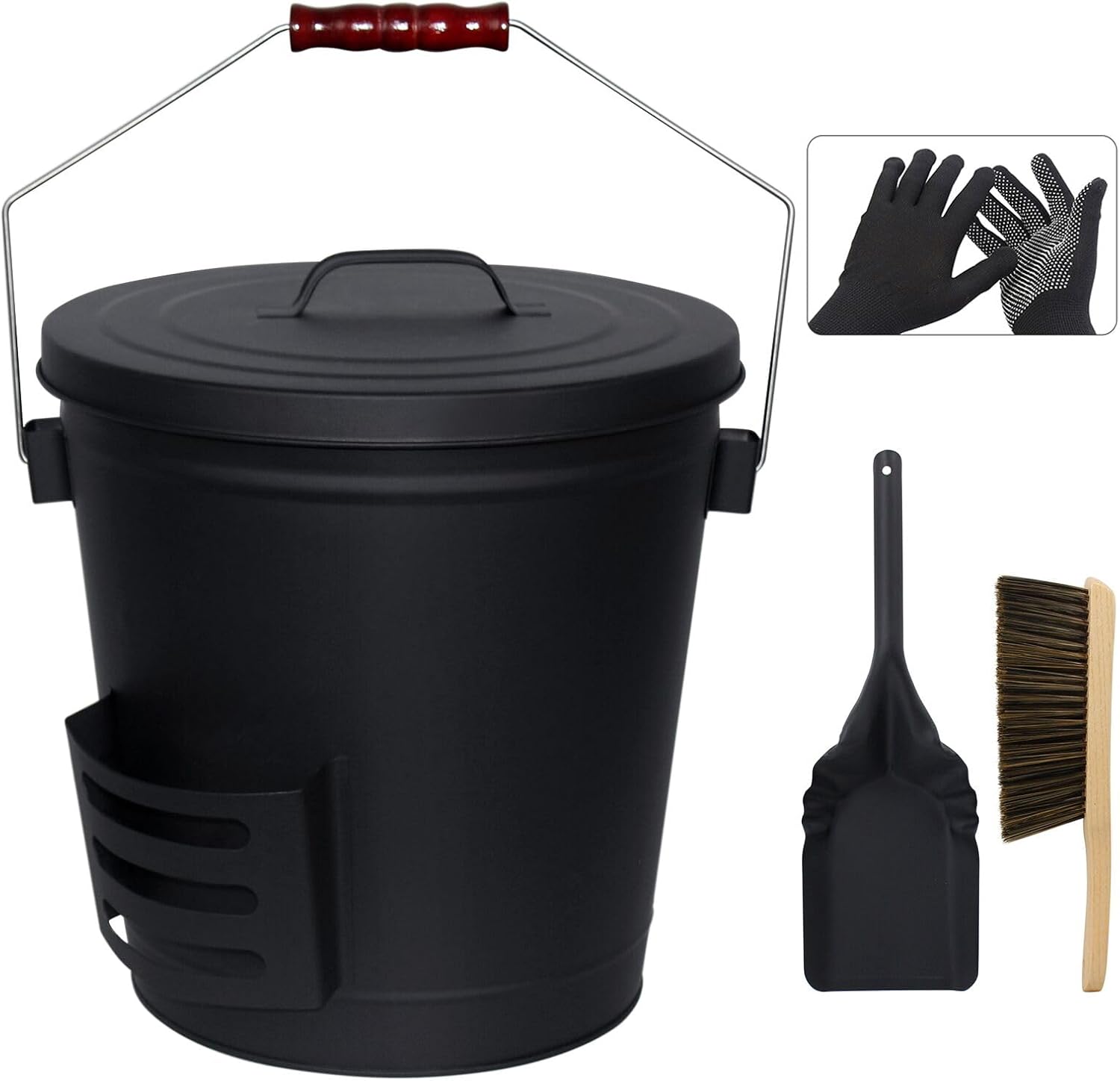 Ash Bucket with Lid and Shovel, 5.2 Gallon Ash Bucket for Fireplace, Metal Bucket Includes Hand Broom and Gloves for Fire Pit