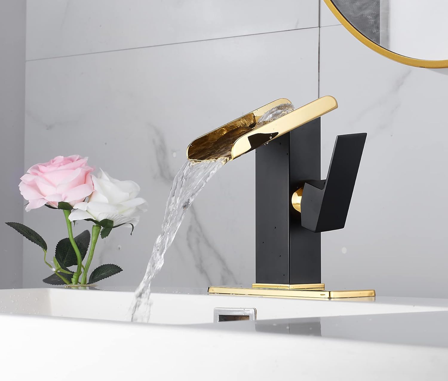 Bathroom Faucet Black Waterfall Gold Spout Single Handle for Sink 1-3 Hole 4 inch Deck Plate Pop Up Drain Stopper Overflow Lavatory Vanity Basin Tap Supply Lines Farmhouse Luxury Bath Faucets Brass