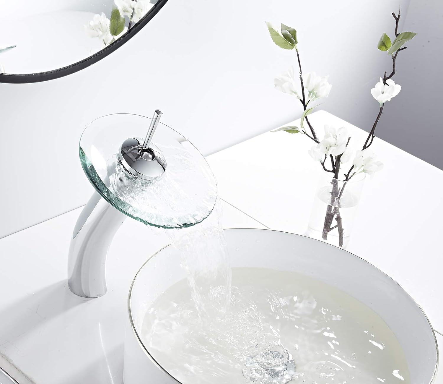 Bathroom Vessel Faucet Waterfall Glass Spout Solid Brass Bath Lavatory Vessel Sink Vanity Faucet Chrome Single Handle One Hole Glass Bowl Sink Faucet Tall Body for Above Counter Basin