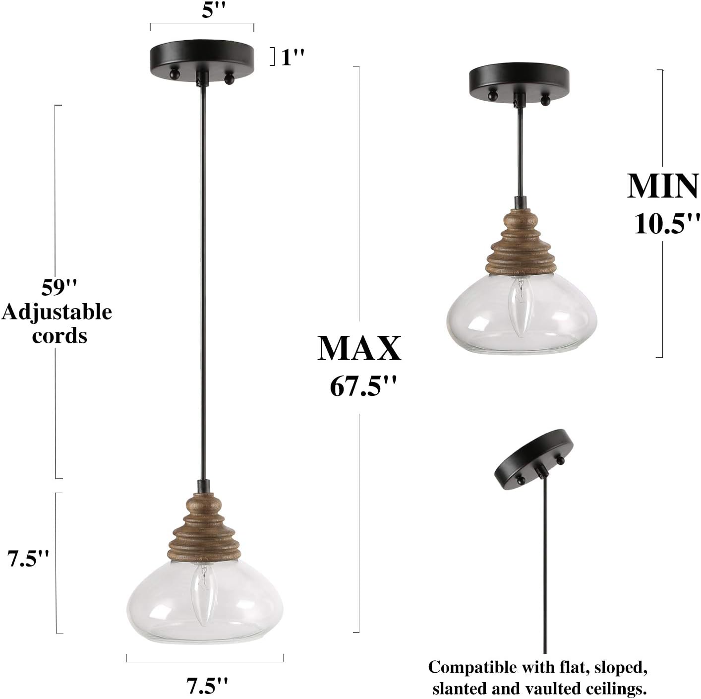 Farmhouse Pendant Lighting Fixture with Wood and Clear Glass for Kitchen Island, Entryway, Foyer, Bedroom, Dining & Living Room