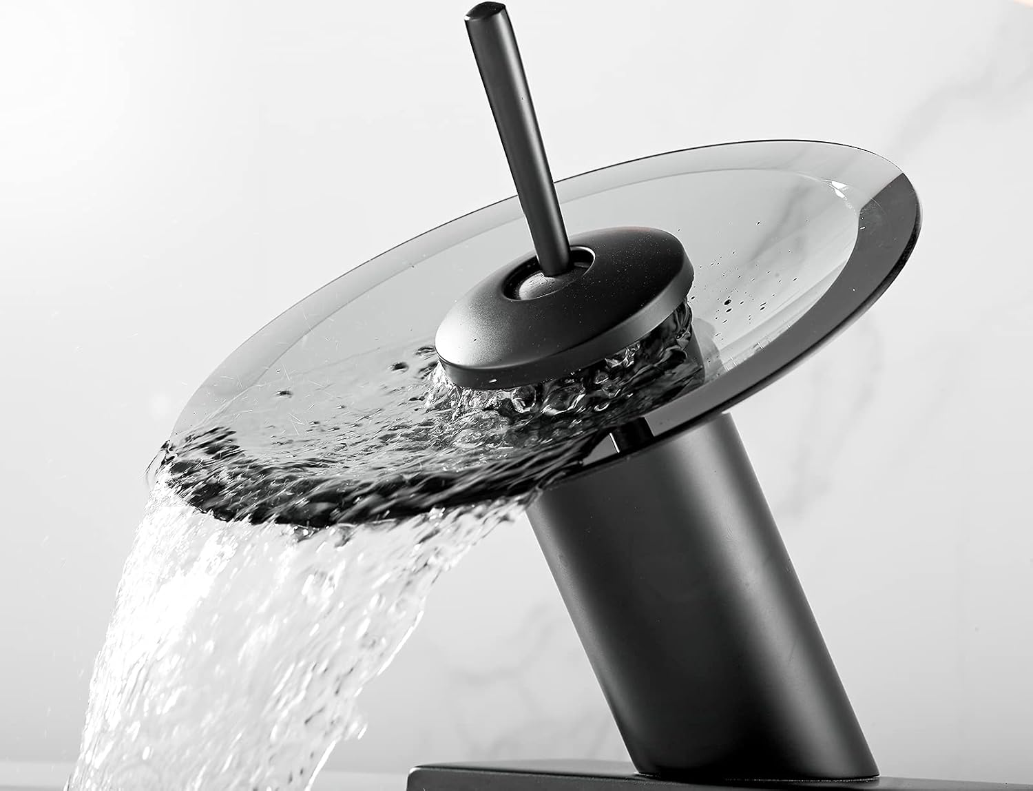 Bathroom Faucet Black Glass Waterfall Spout Single Handle 360° Swivel Solid Brass Bath Basin Lavatory Sink Vanity Faucet One or 3 Hole Commercial with Deck Plate