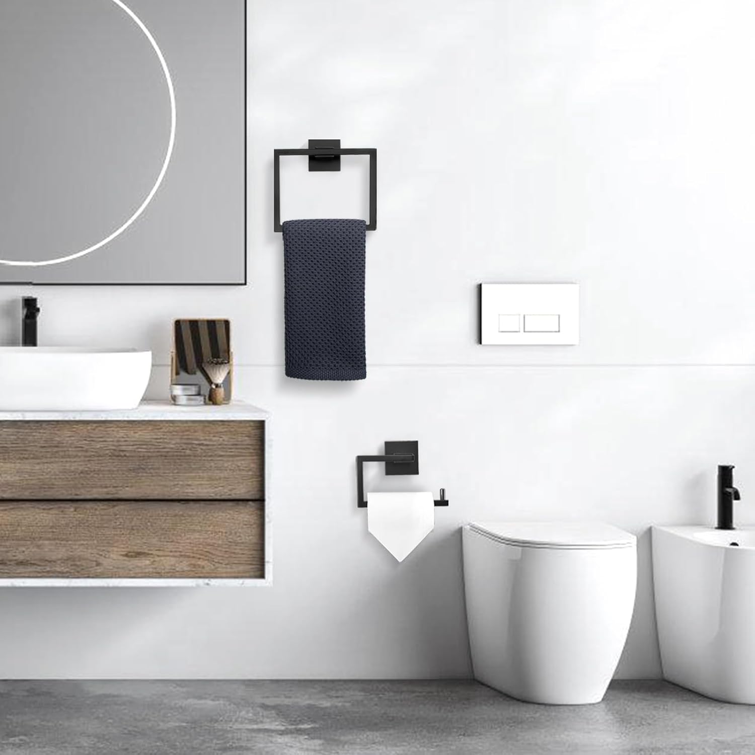 Towel Holder & Toilet Paper Holder Black, Bathroom Hardware Set, Stainless Steel Hand Towel Ring Bar, Wall Mounted Towel Hanger Tissue Roll Holder for Kitchen Lavatory 2 Pcs