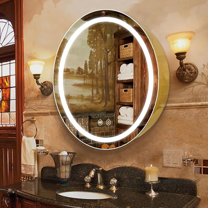 30 inch Round Medicine Cabinet with Lights,Led Medicine Cabinet with Defogger,Illuminated Mirror Cabinet for Bathroom,Dimmable,Defogger,3 Color Temperature 3000k-6500k Gold