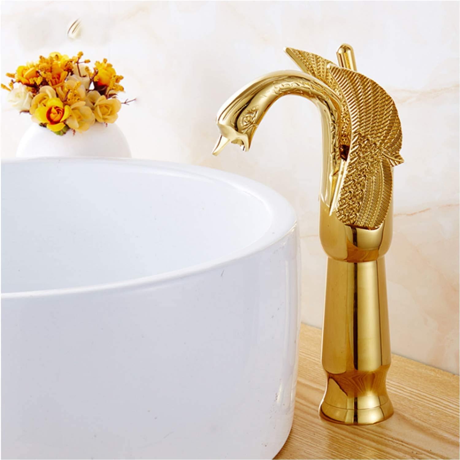 Bathroom Vessel Sink Faucet Gold Swan Single Handle One Hole Tall Bathroom Faucet for Bowl Sink Faucet Deck Mount Lavatory Sink Faucet