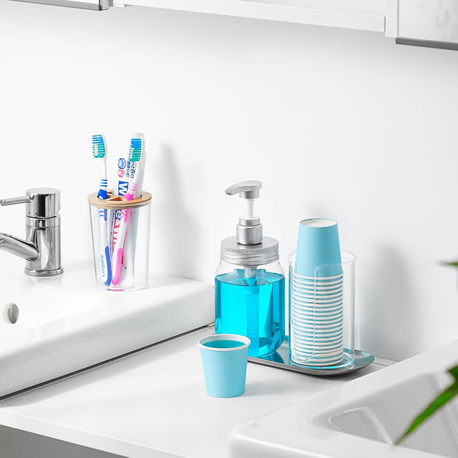 Mouthwash Dispenser for Bathroom, Mouth Wash Pump Bottle with Paper Cup Holder, Plastic 15.2Oz Refillable Clear Mouthwash Container with Stainless Steel Tray