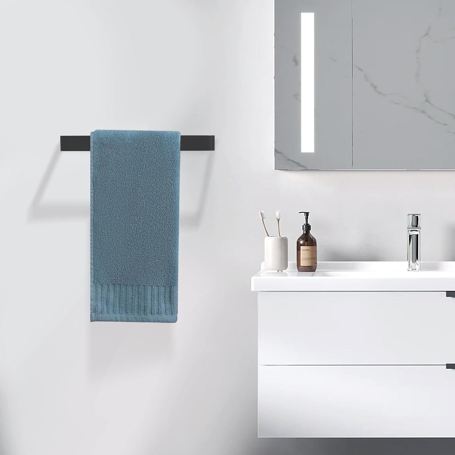 Bathroom Towel Bar Matte Black, 11.8 Inch 304 Stainless Steel Bath Accessories Towel Rack Hanger, Bathroom Kitchen Square Hand Towel Holder Wall Mounted