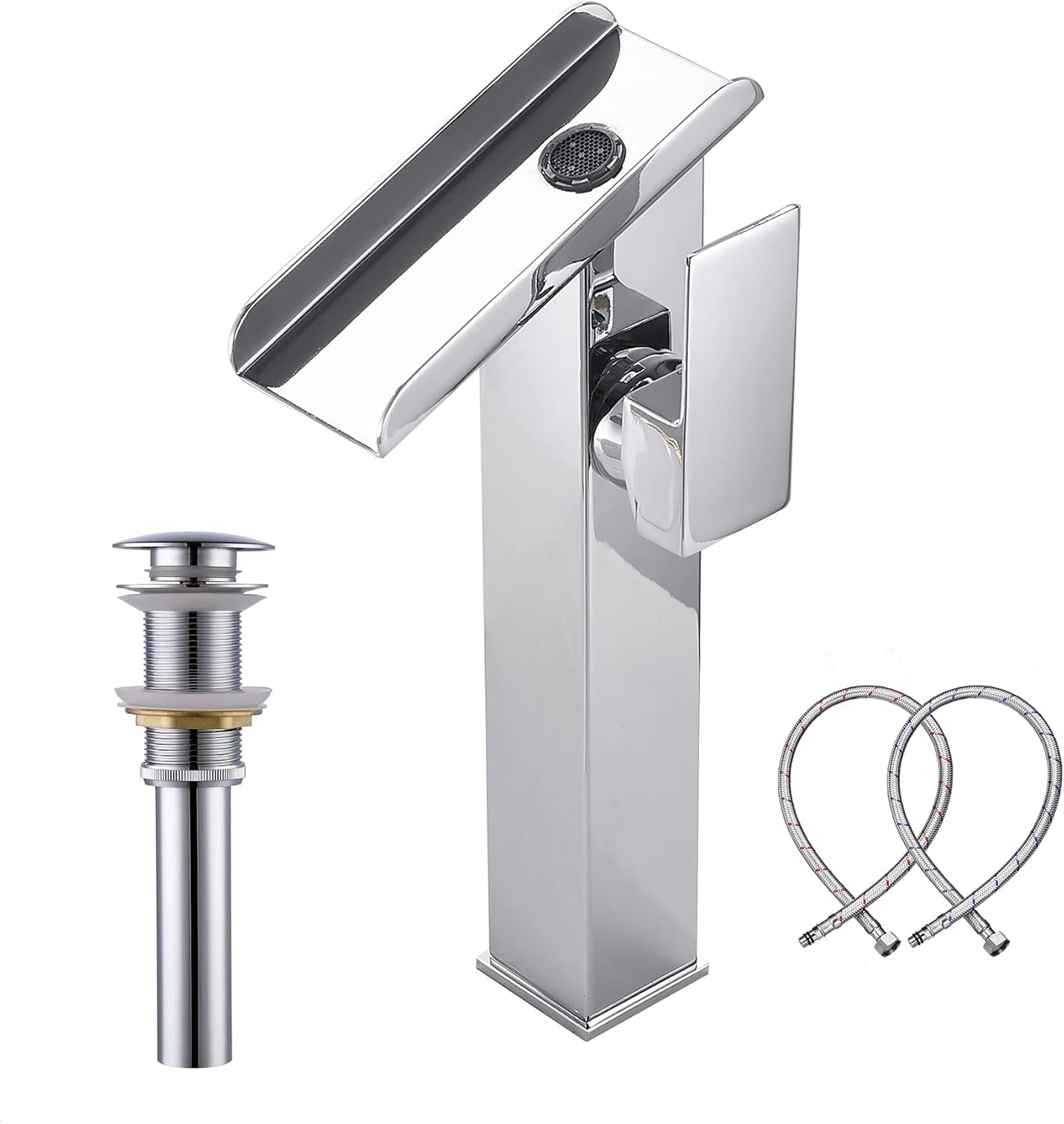 Bathroom Vessel Faucet Chrome Waterfall Single Handle 1 Hole Matching Pop Up Drain Stopper Without Overflow Lavatory Vanity Basin Tap Deck Mount Bowl Sink Bath Faucets Include Faucet Supply Lines