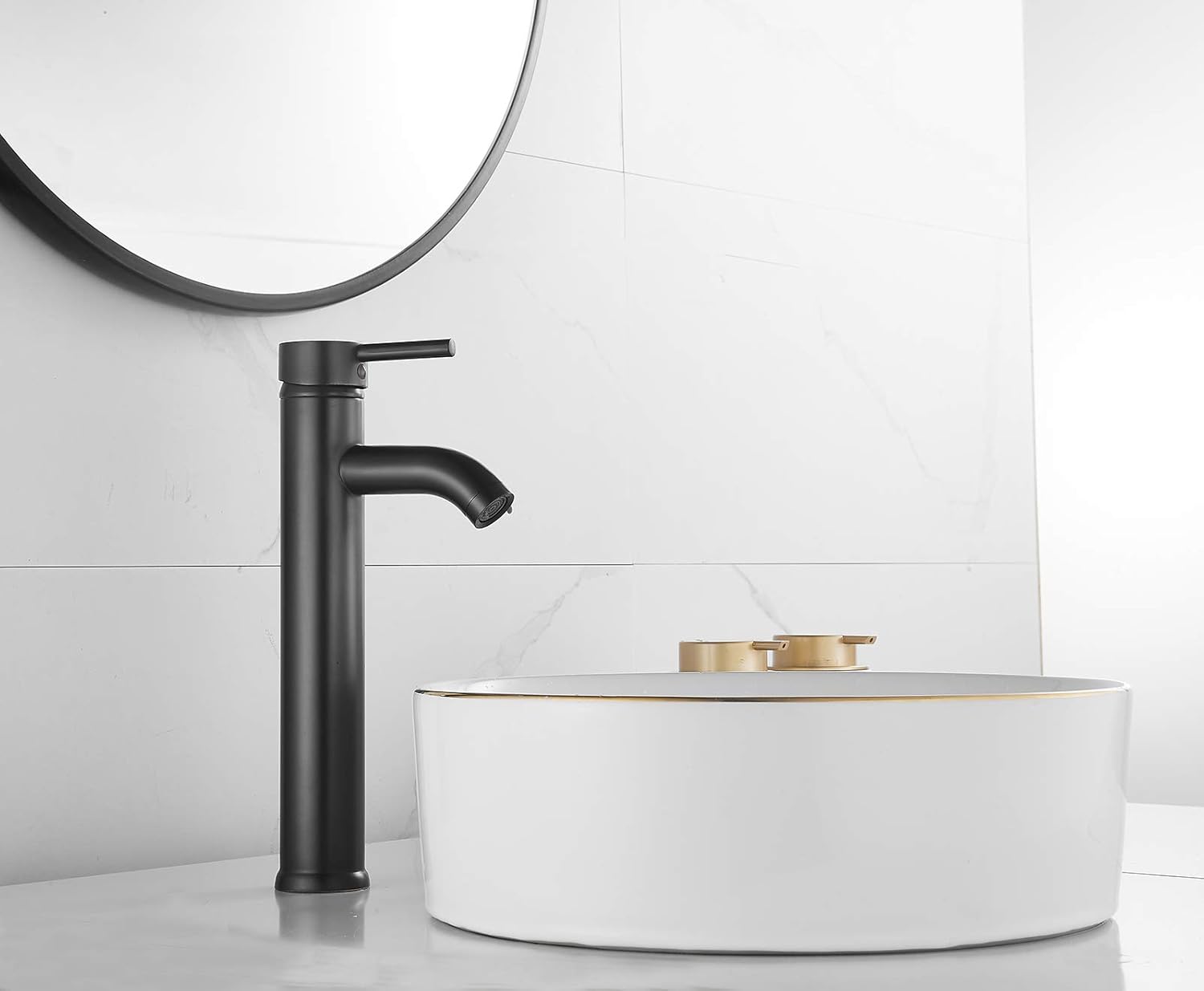 Bathroom Vessel Sink Faucet Oli Rubbed Bronze Sink Bowl Faucet Tall Single Handle One Hole Vanity Lavatory Basin Mix Tap Deck Mount Supply Lines Hose with Pop Up Drain Assembly