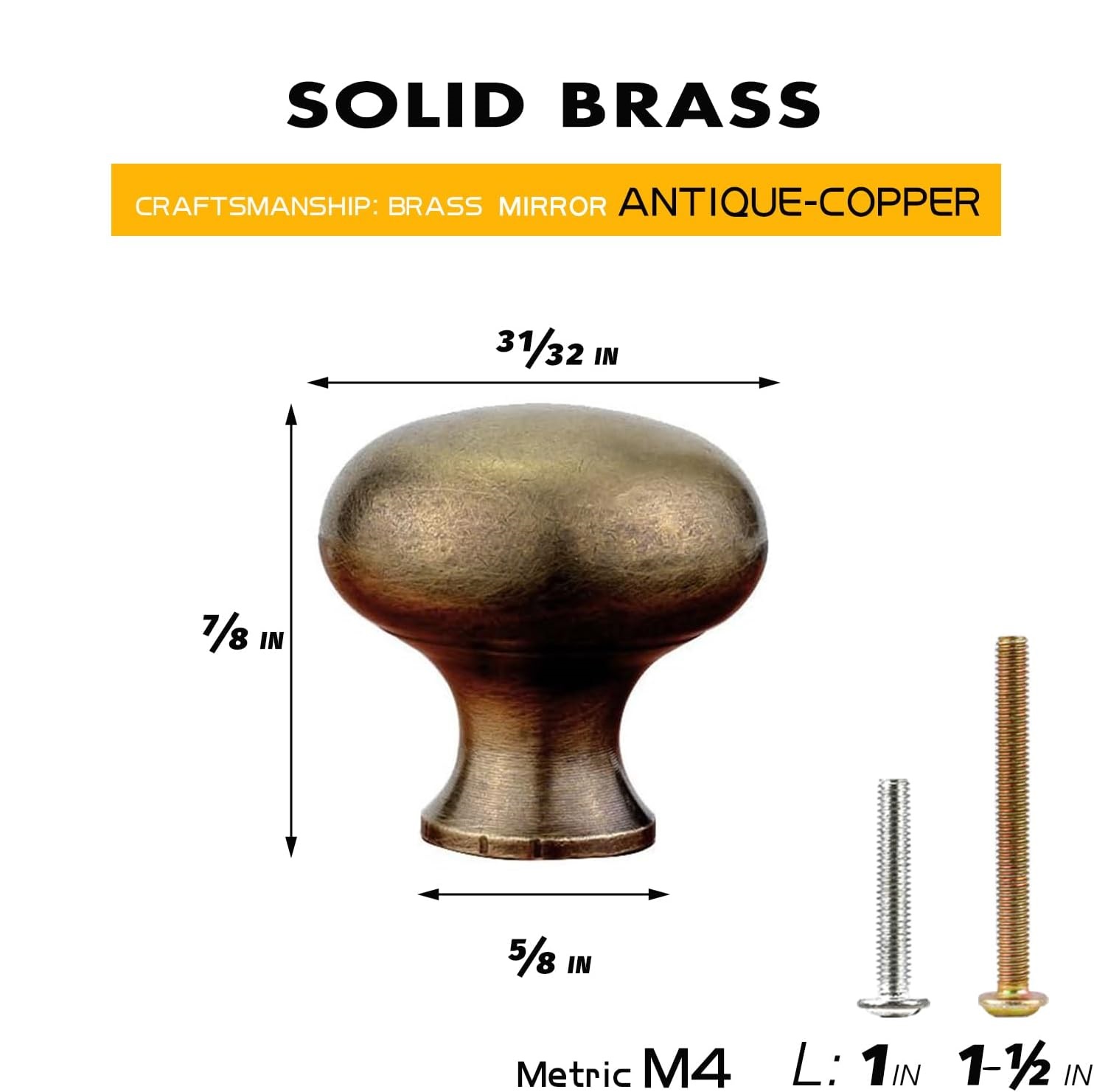 4 PCS 1.0'' x 0.9'' Antique Style Brass Simple and Elegant Pulls Solid Hardware Knobs for Furniture Cabinet Closet Drawer Box Door Handles(Antique Brass)