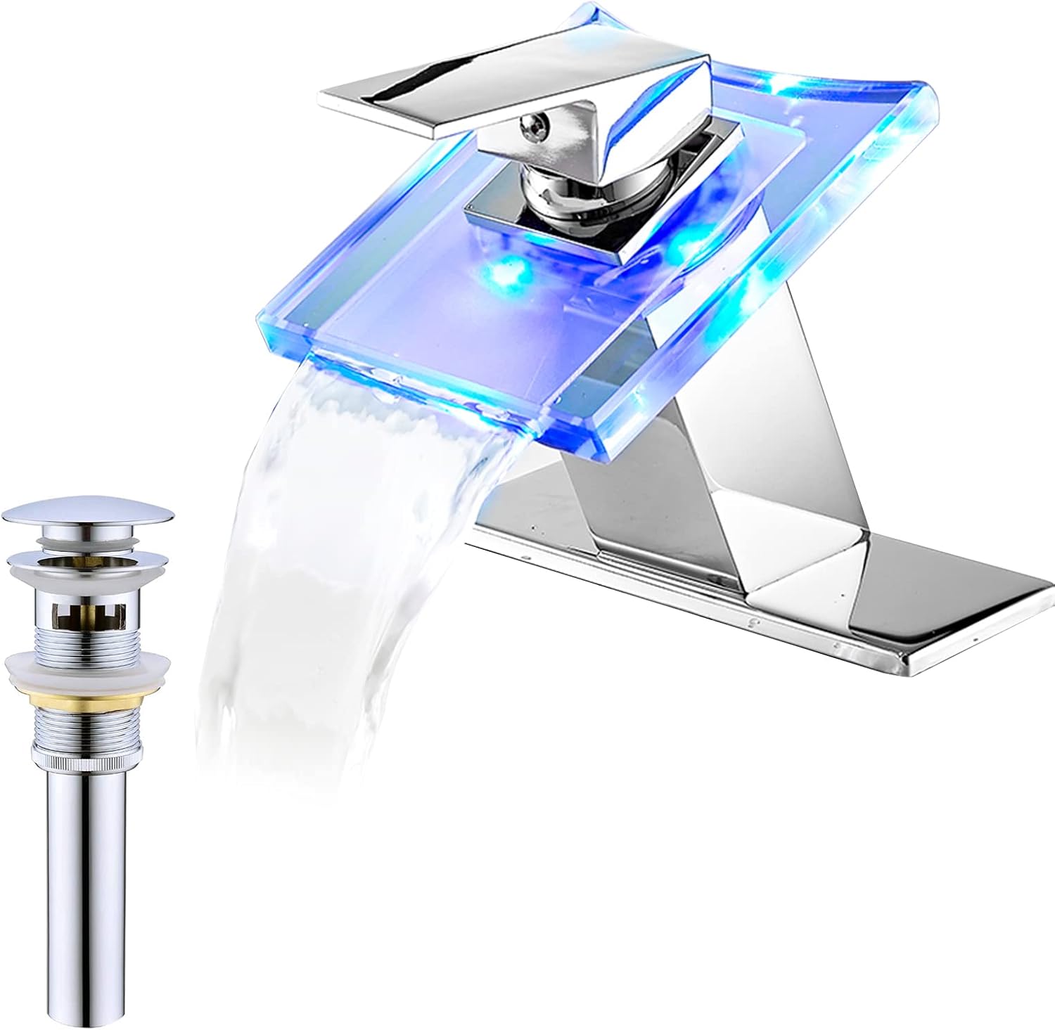 Bathroom Waterfall Faucet Chrome LED Glass Spout with Overflow Drain Stopper Single Handle One Hole Modern Design Bath Basin Tap 3 Color Changing Battery Powered Lavatory Vanity Sink Deck Mount