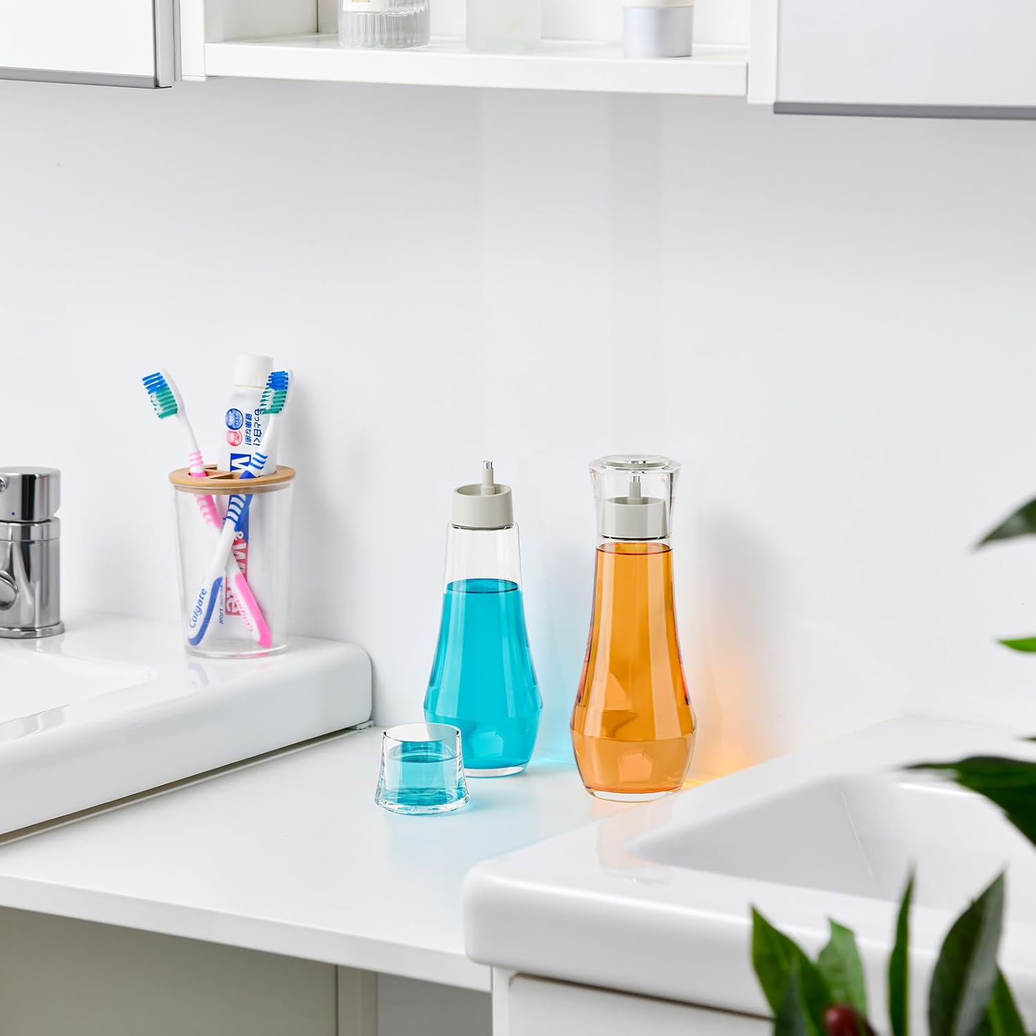 Glass Mouthwash Dispenser for Bathroom, 8.8OZ Mouth Wash Container Bottle with Lid Cup, Small Clear Refillable Mouthwash Dispenser Decanter for Countertop, Set of 2