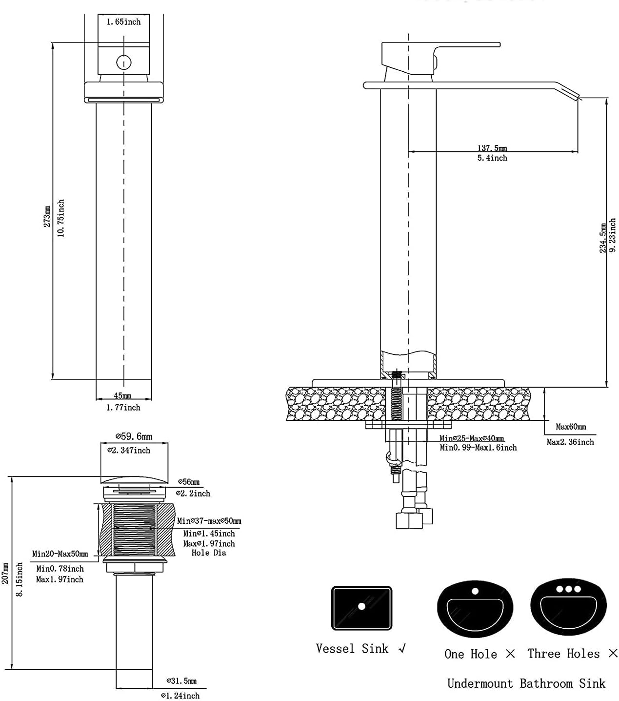 Chrome Bathroom Vessel Faucet Waterfall One Hole Bowl of Sink Faucet Tall Single Handle Bathroom Faucets with Drain Assembly Modern Vanity Lavatory Deck Mount Supply Lines Hose
