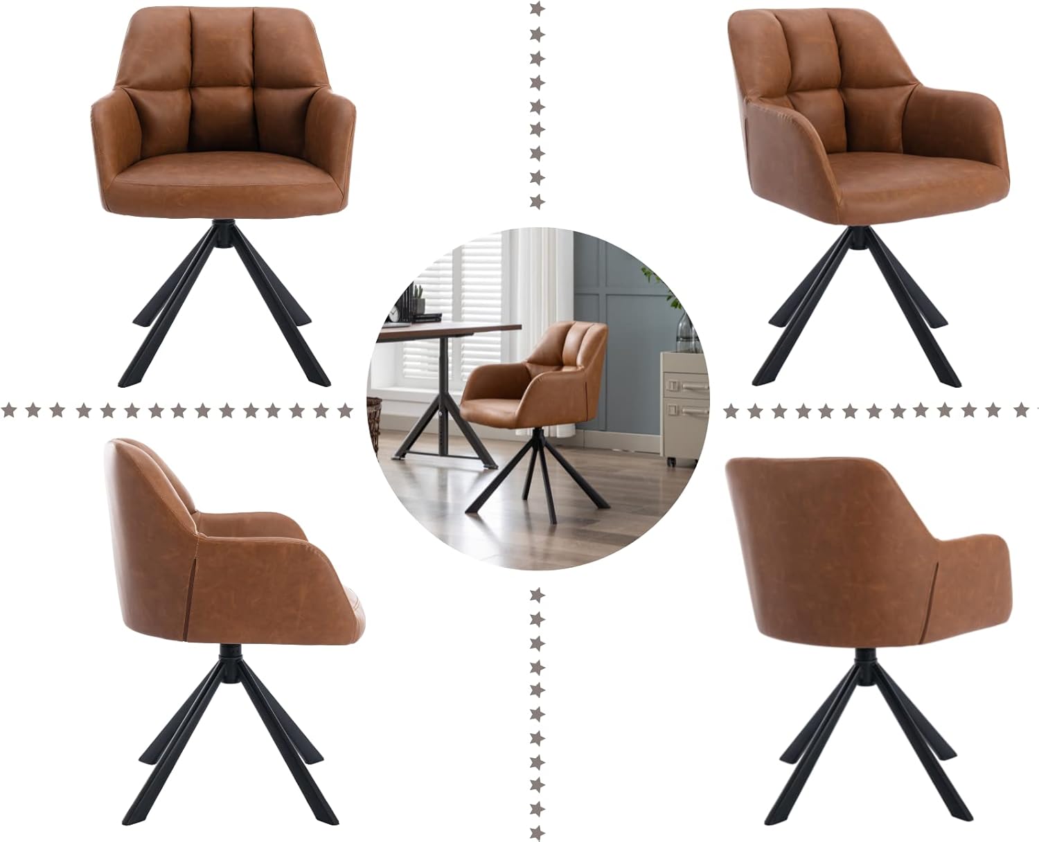 Comfy Leather Desk Chair Modern Computer Task Chair no Wheels Swivel Accent Chair with Mid Back Arm Chair