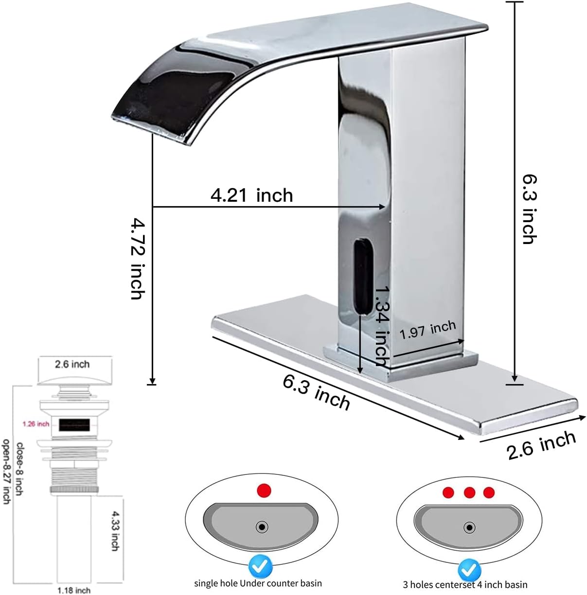 Automatic Touchless Bathroom Faucet Sensor Waterfall Chrome Bathroom Sink Faucet with Pop up Drain Stopper Overflow Electronic Motion Activated Hands-Free Vanity Faucet AC/DC Powered