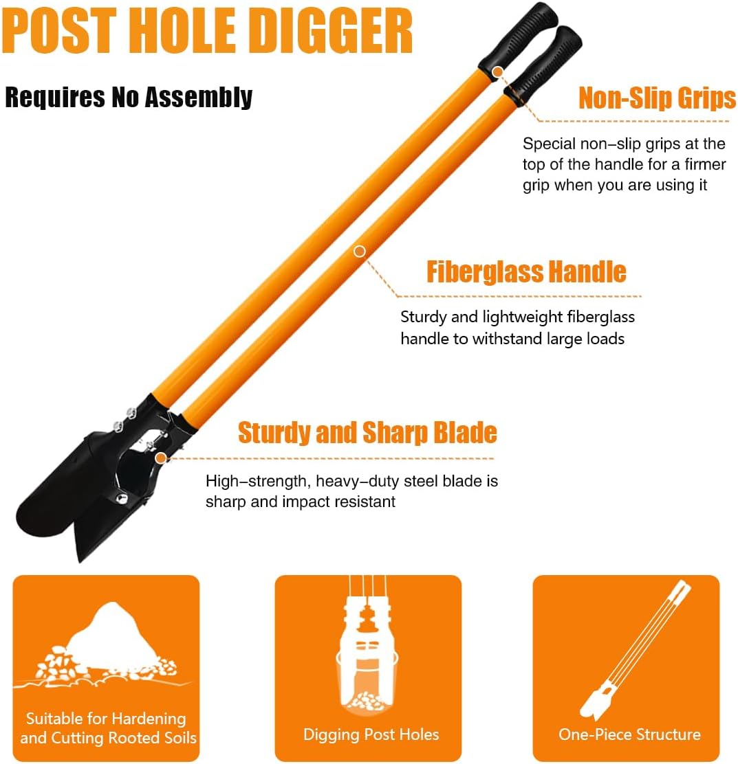 Post Hole Digger Tool, Heavy Duty Post Hole Digger with Fiberglass Handle, 58 Inches