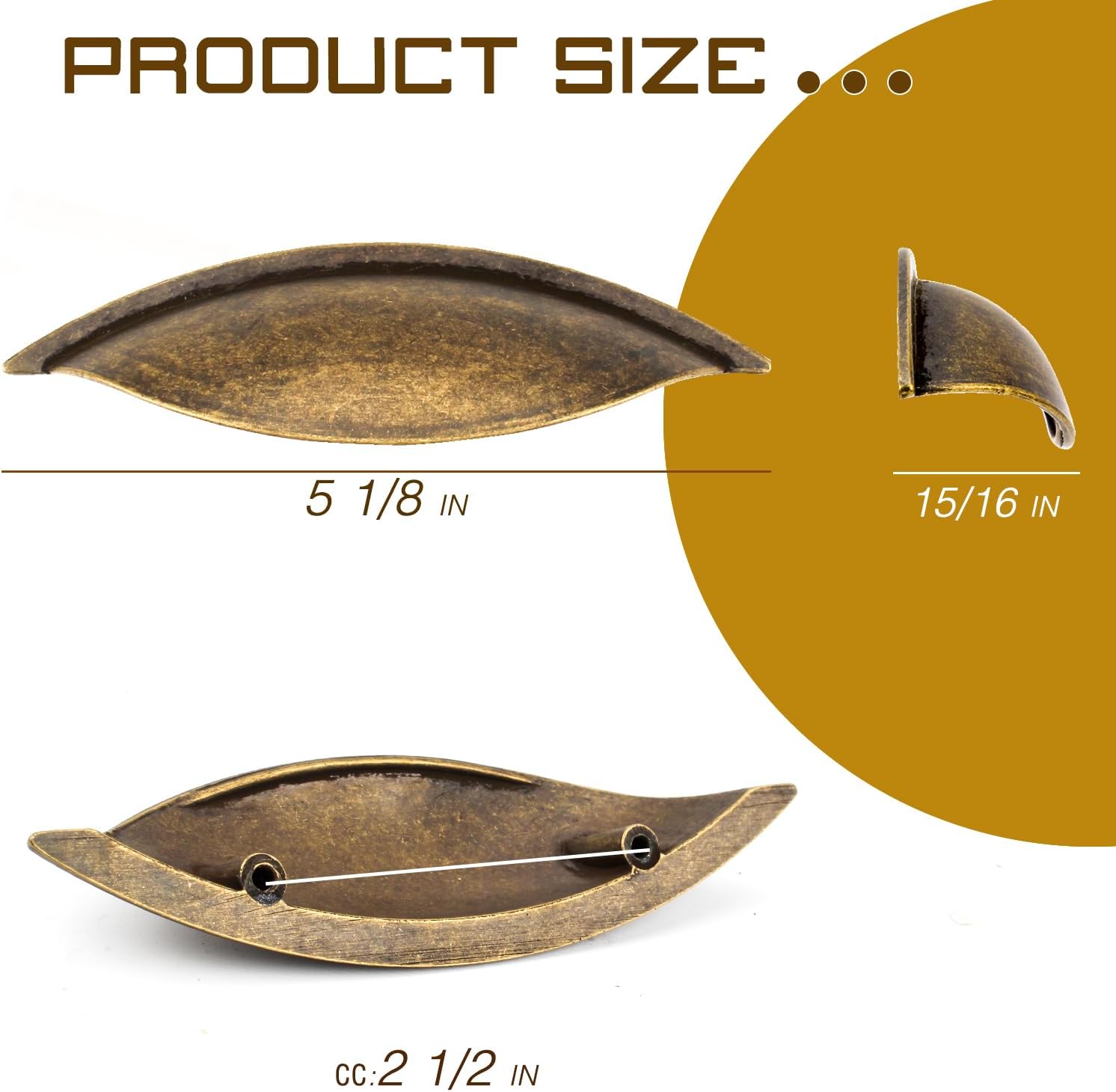 6 Pack Bin Cup Drawer Pull, Antique Brass Cabinet Handles, 2-1/2-Inch Screw Spacing for Kitchen Drawer Dresser Cupboard, 5-1/8-Inch Total Length