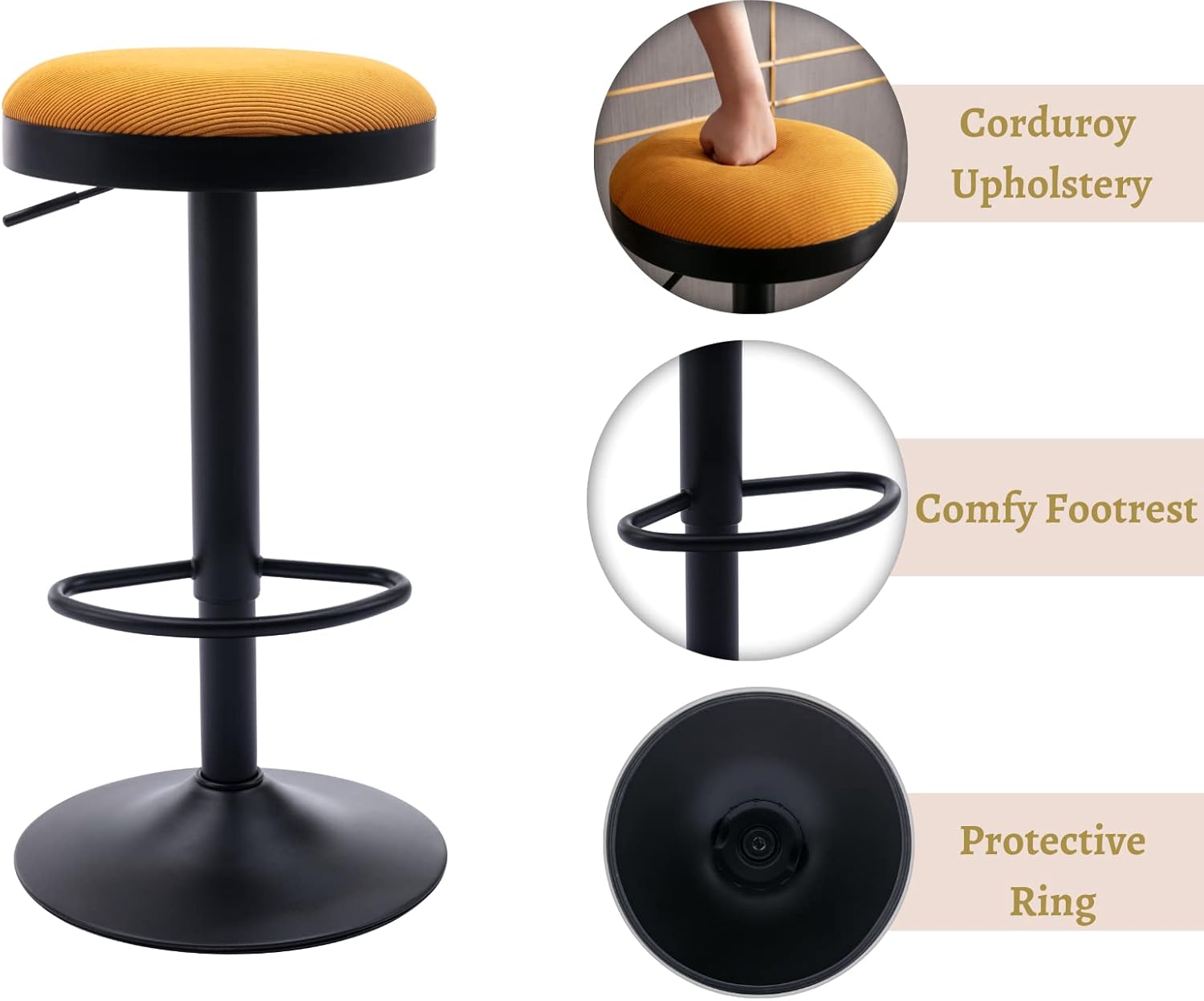 Modern Swivel Bar Stools Set of 3 Adjustable Counter Height Backless Barstools with Metal Base Fabric Upholstered Round Bar Stool Chairs