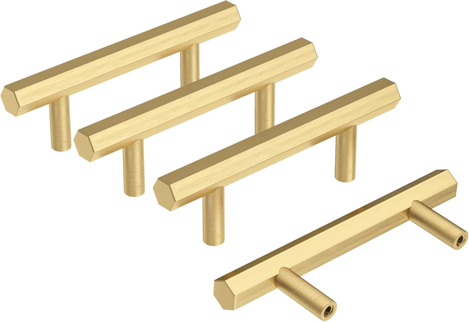 4 Pcs Solid Brass Pull Kitchen Cabinet Handles Brushed Gold Decorative Contemporary Hexagon Bar Cabinet Pulls (Hole Centers:2-1/2"(64mm))