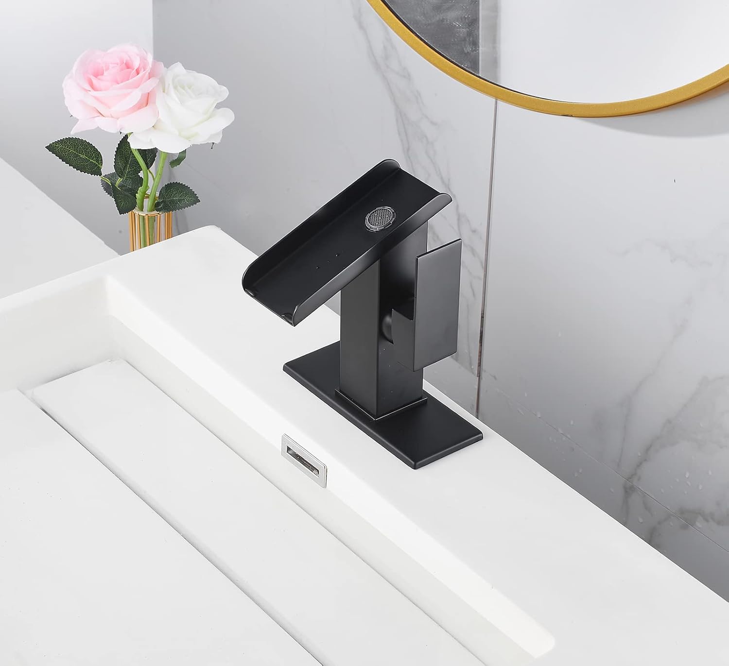 Bathroom Faucet Black Waterfall Open Spout LED Color Changing 1-3 Holes Basin Vanity Sink Tap Single Handle with Pop Up Drain Stopper Overflow Water Supply Hose Include Modern Commercial