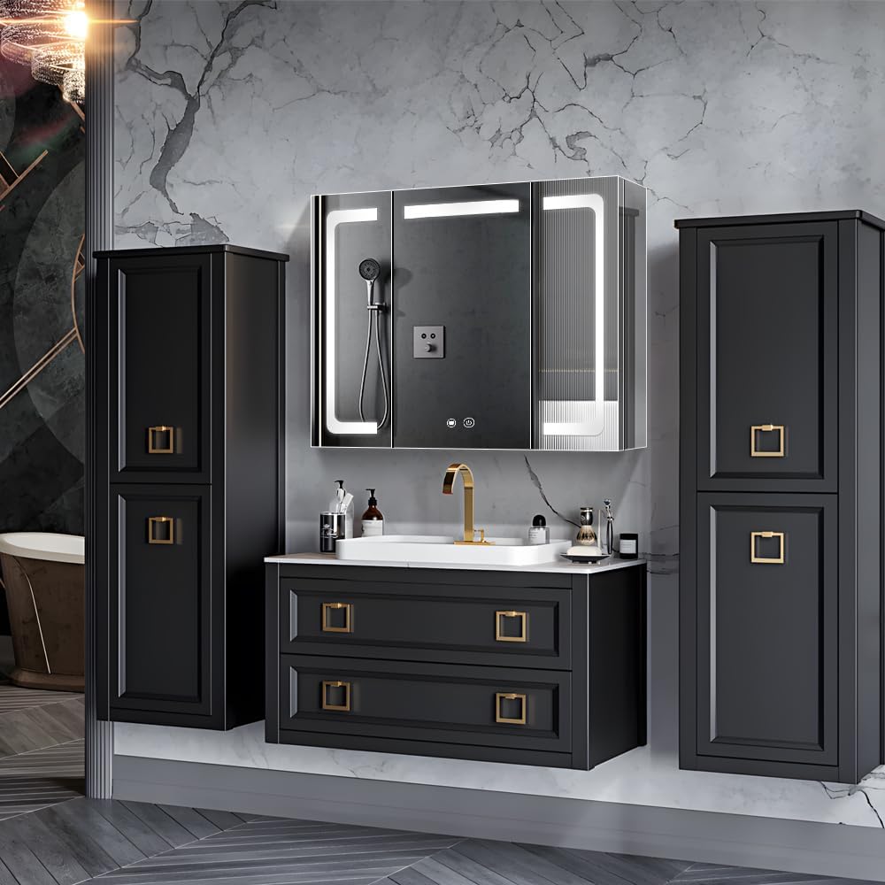 Stainless Steel LED Medicine Cabinet,Bathroom Mirror Cabinet with Light,3 Color,Dimmable,Equipped with Defogger,USB Shavor Socket,Internal Light