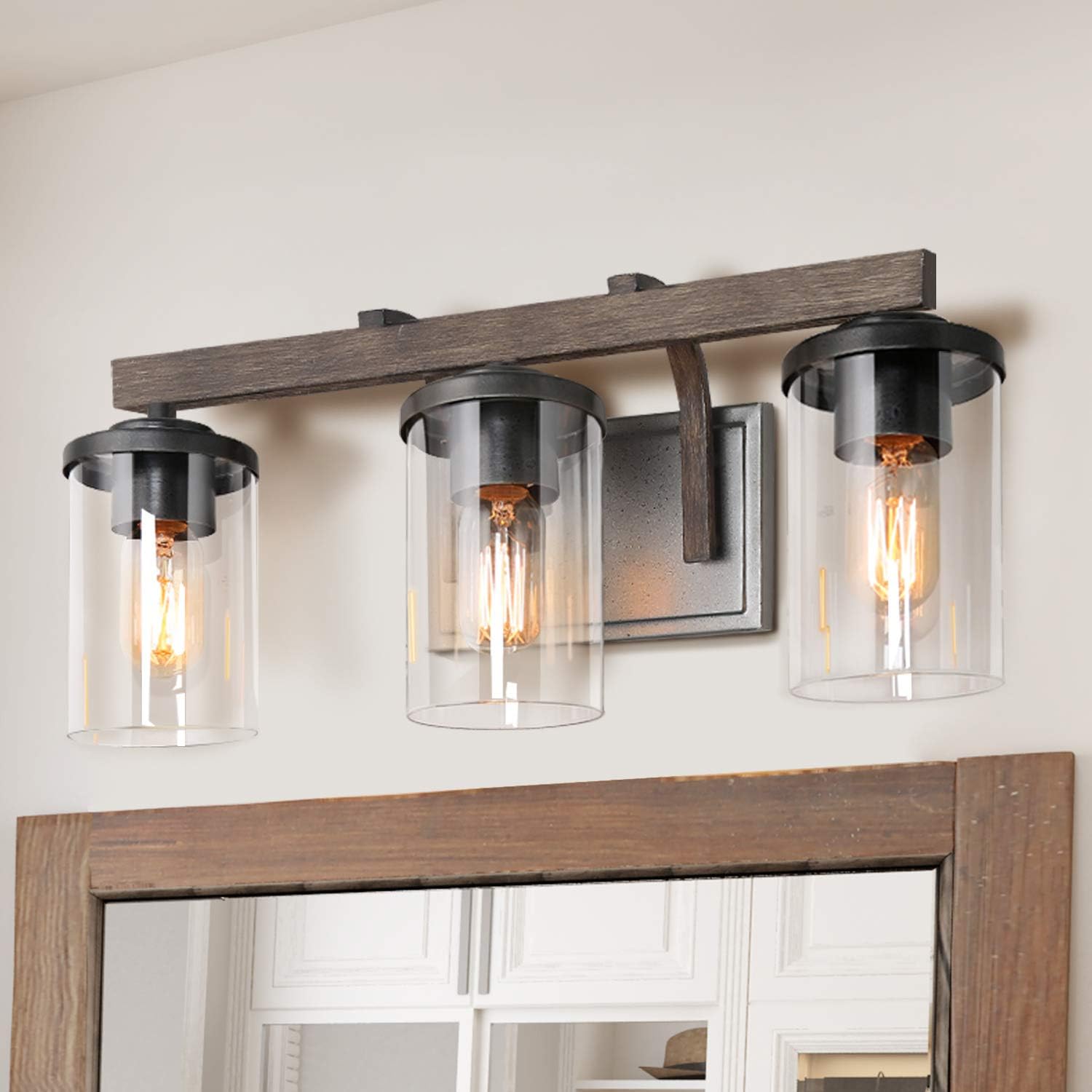 Farmhouse Bathroom Vanity Light Fixtures, Rustic Vanity Lighting with 3 Clear Glass