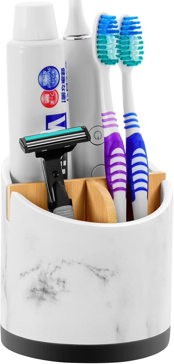 Toothbrush Holders for Bathrooms, 3 Slots Toothpaste Holder Storage, Marble Look Bathroom Organizer Countertop for Sink/Vanity/Makeup Brush