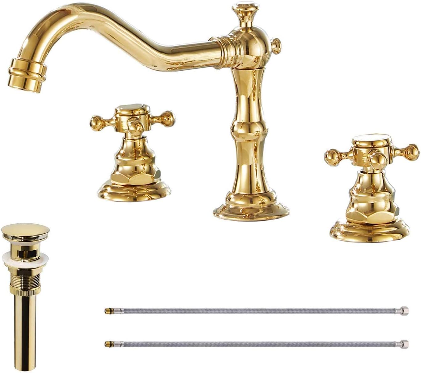 Widespread Faucet for Bathroom Sink Victoria 8-16 Inches Gold Double Handle Three Hole t Basin Mixer Tap Faucet Matching Metal Pop Up Drain with Overflow