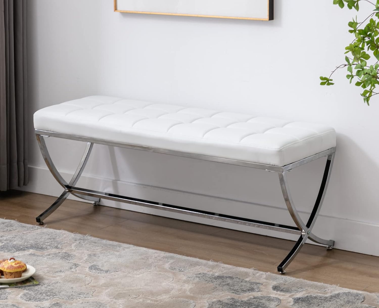 Modern Entryway Bench Leather Upholstered Dining Bench with Metal Base Button Tufted Ottoman Bench with Padded Seat Accent Foot Bench for Bedroom End of Bed/Living Room