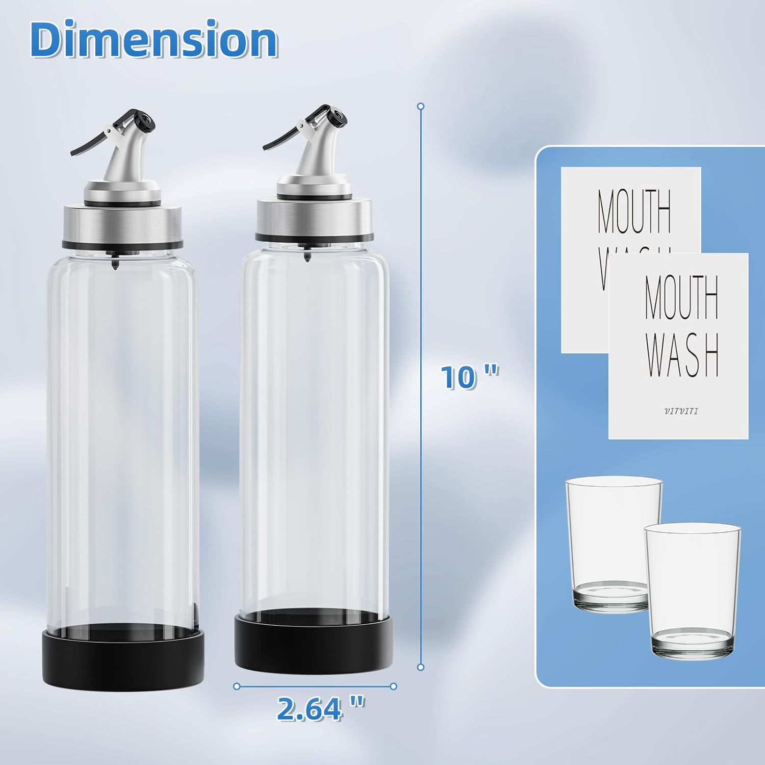 Mouthwash Dispenser for Bathroom, Glass Mouth Wash Container with 2 Glass Cups, Press Lid 17OZ Clear Refillable Mouthwash Bottle Decanter with Silicone Pad/Labels, Set of 2