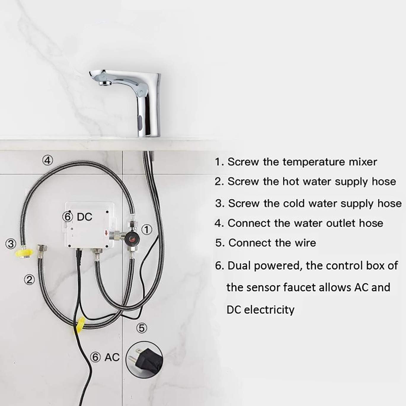 Automatic Sensor Touchless Bathroom Faucet with Hole Cover Plate Dual-Powered Vanity Faucets Chrome Hands Free Water Tap with Control Box and Temperature Mixer Motion Sensor