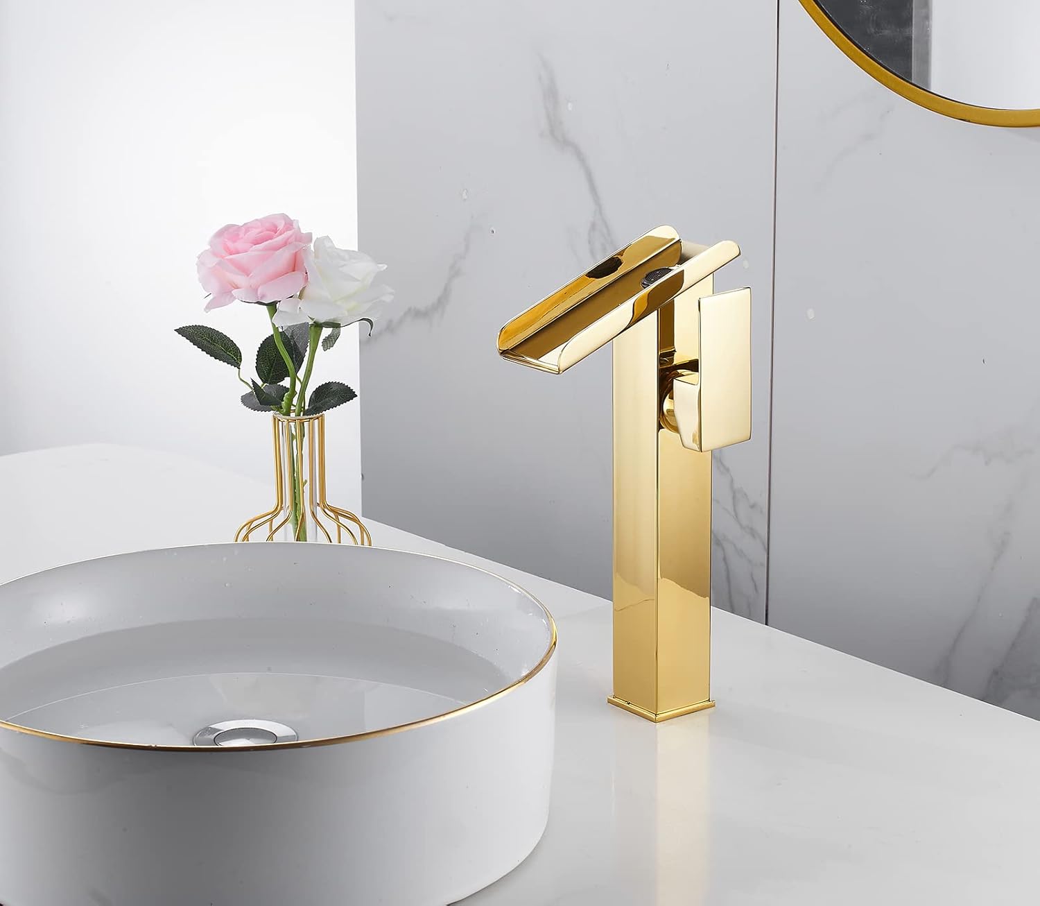 Bathroom Vessel Faucet Gold Waterfall Open Spout Basin Faucet Led Color Changing by Temperature for Bowl Sink with 1Hole Right Handle Without Overflow Pop Up Drain Stopper Supply Hoses Lavatory Basin