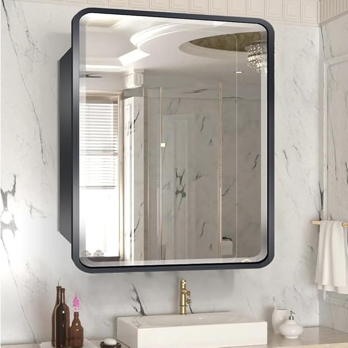 20×24inch Medicine Cabinet,Mirror Cabinet with Beveled Mirror,Solf Close Hinge,Brushed Metal Framed,Detachable Side Plate for Recess Mount or Surface Mount,Black