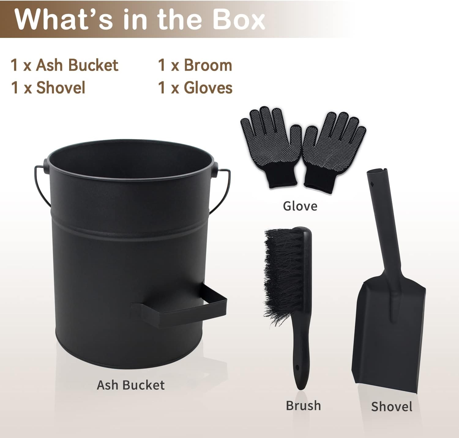 Ash Bucket with Lid and Shovel, 4 Gallon Fireplace Bucket for Ashes, Metal Bucket Includes Hand Broom and Gloves