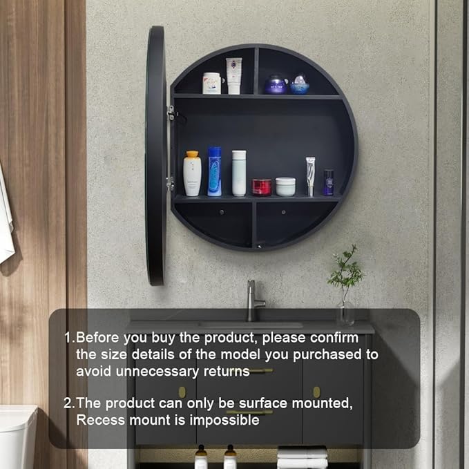 24inch Round Medicine Cabinet with Lights,Led Medicine Cabinet with Defogger,Illuminated Mirror Cabinet for Bathroom,Dimmable,Anti-Fog,3 Colors,Surface Mount Only,Black