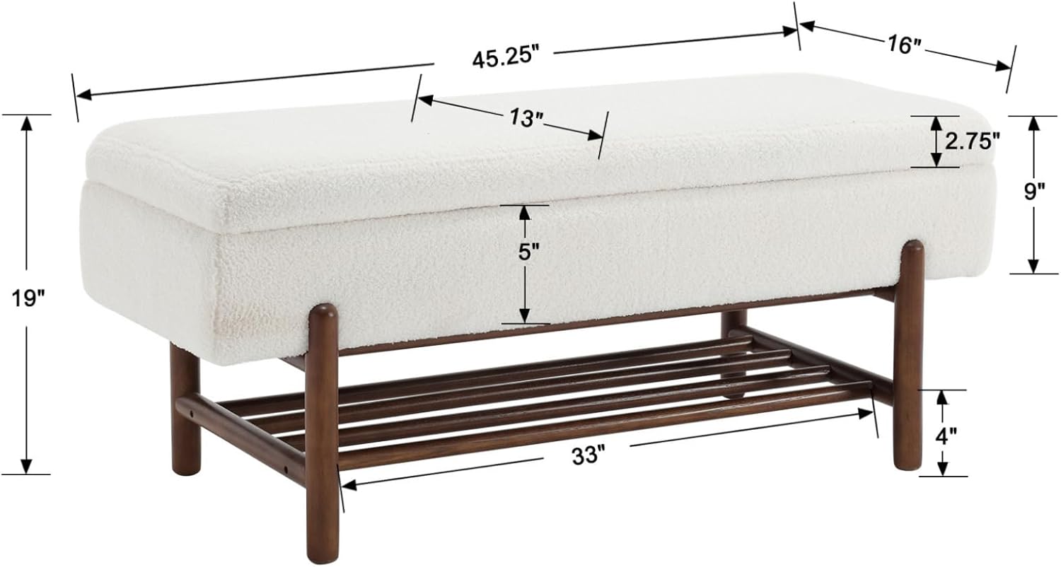 Modern Storage Bench for Bedroom End of Bed Sherpa Upholstered Ottoman Bench with Storage and Wood Shoe Rack Farmhouse Long Seating Bench