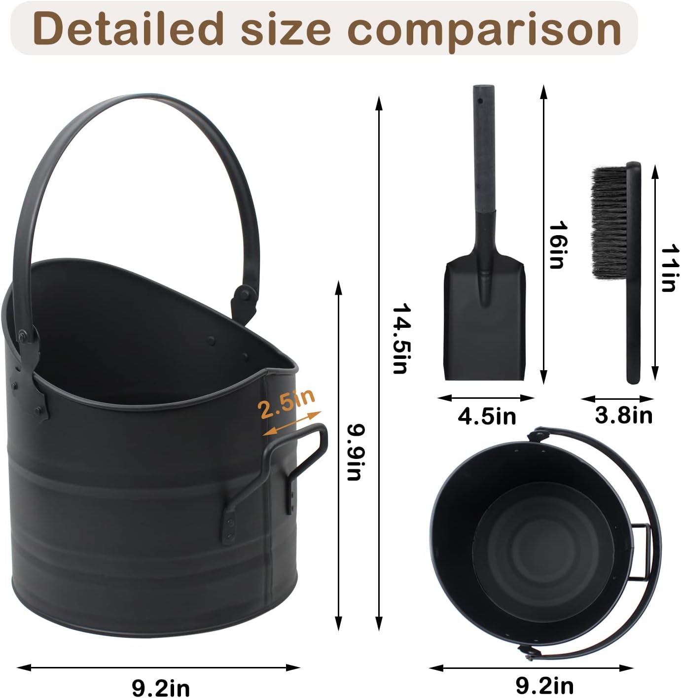 Ash Bucket for Fireplace, 2.6 Gallon Metal Fireplace Bucket for Ashes, Includes Shovel, Broom and Gloves for Wood Stove, Fireplace and Fire Pit