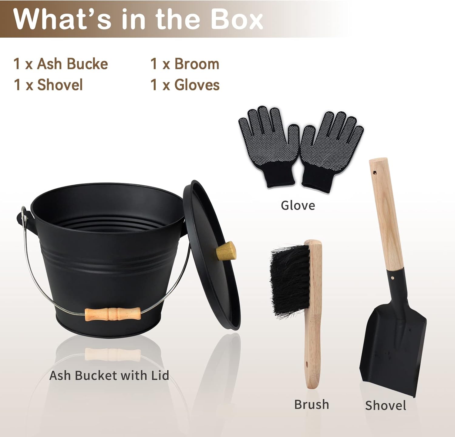 Ash Bucket with Lid, 1.3 Gallon Ash Bucket for Fireplace, Metal Fireplace Bucket for Ashes Includes Shovel