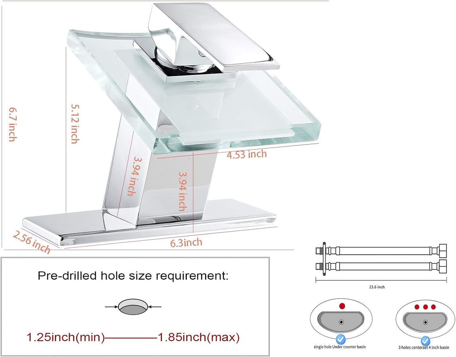 Bathroom Sink Faucet Waterfall Glass Spout LED Light 3 Colors Changing Hot and Cold Water Mixer Single Handle One Hole Deck Mounted Bathroom Faucet Lavatory Vanity Basin Tap Chrome